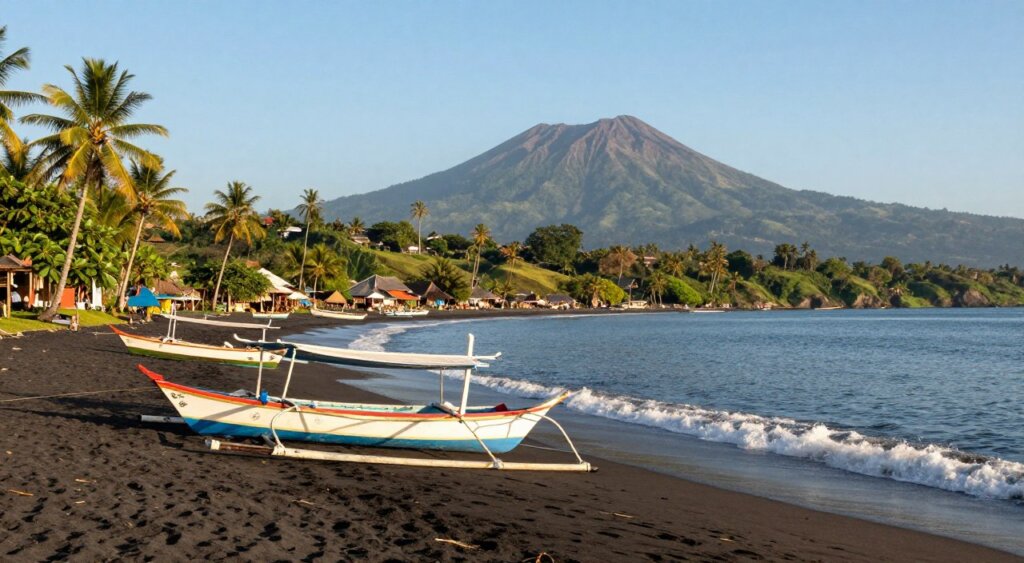 A breathtaking view of Amed Village, Bali, showcasing its serene black sand beach. In the foreground, traditional fishing boats are anchored just off the shore, their vibrant colors contrasting with the dark sand. The middle ground features gentle waves lapping against the beach, with a few coconut palm trees swaying in the soft breeze. In the background, the lush green hills gently rise, culminating in the majestic outline of Mount Agung under a clear blue sky. The scene is illuminated by warm, golden sunlight, casting soft shadows and creating a tranquil atmosphere. The angle is slightly elevated, providing a panoramic perspective that captures the beauty and cultural essence of this coastal village. The mood is peaceful and inviting, perfect for illustrating the charm of Amed Village. A breathtaking view of Amed Village, Bali, showcasing its serene black sand beach. In the foreground, traditional fishing boats are anchored just off the shore, their vibrant colors contrasting with the dark sand. The middle ground features gentle waves lapping against the beach, with a few coconut palm trees swaying in the soft breeze. In the background, the lush green hills gently rise, culminating in the majestic outline of Mount Agung under a clear blue sky. The scene is illuminated by warm, golden sunlight, casting soft shadows and creating a tranquil atmosphere. The angle is slightly elevated, providing a panoramic perspective that captures the beauty and cultural essence of this coastal village. The mood is peaceful and inviting, perfect for illustrating the charm of Amed Village.