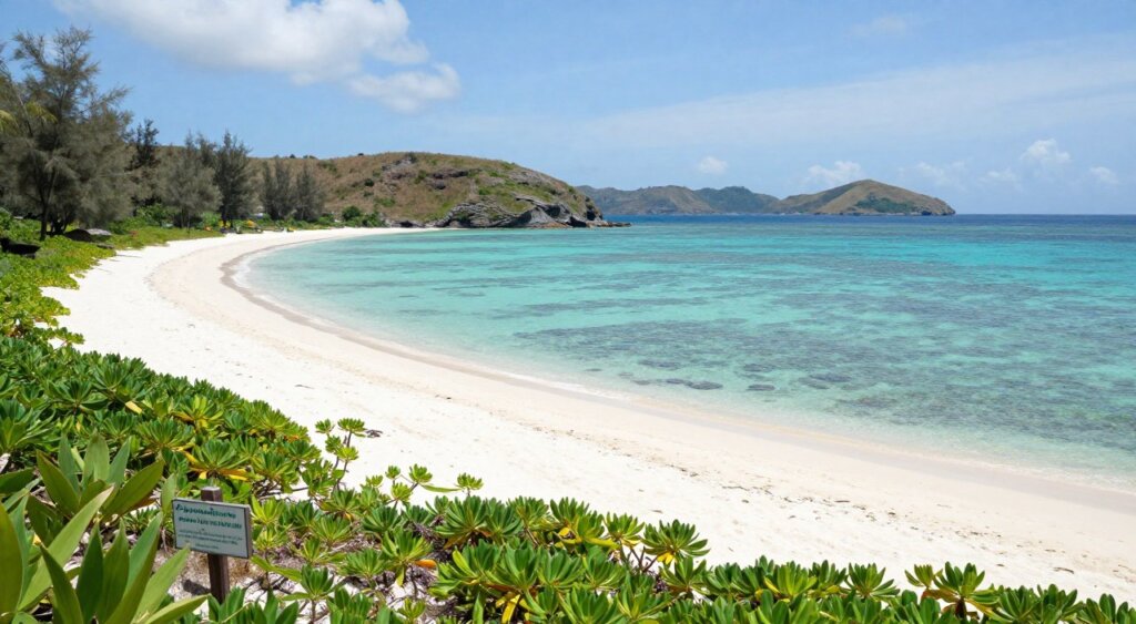 A breathtaking view of Gili Islands' pristine beaches, showcasing efforts towards conservation. In the foreground, lush green vegetation with native flora and small signs promoting environmental awareness. The middle ground features a tranquil beach with soft, white sand framed by clear turquoise waters. A small, well-maintained coral reef is visible just offshore, teeming with vibrant marine life. The background depicts rolling hills and dotted island landscapes under a bright, sunny sky, with a few fluffy clouds. The image captures the natural beauty and serenity of the location while highlighting the importance of preserving it. Soft, natural lighting enhances the scene, with a focus on a wide-angle view that evokes a feeling of peace and ecological harmony, reminiscent of high-quality nature photography. A breathtaking view of Gili Islands' pristine beaches, showcasing efforts towards conservation. In the foreground, lush green vegetation with native flora and small signs promoting environmental awareness. The middle ground features a tranquil beach with soft, white sand framed by clear turquoise waters. A small, well-maintained coral reef is visible just offshore, teeming with vibrant marine life. The background depicts rolling hills and dotted island landscapes under a bright, sunny sky, with a few fluffy clouds. The image captures the natural beauty and serenity of the location while highlighting the importance of preserving it. Soft, natural lighting enhances the scene, with a focus on a wide-angle view that evokes a feeling of peace and ecological harmony, reminiscent of high-quality nature photography.