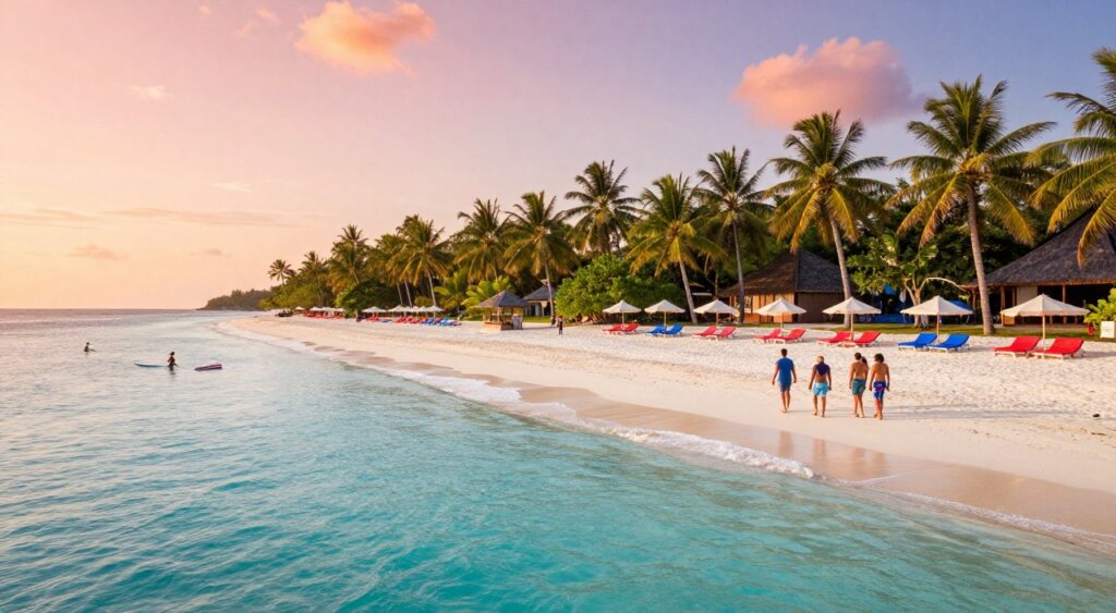 A breathtaking view of Gili Trawangan's best beaches, showcasing pristine white sands gently lapping under clear turquoise waters. In the foreground, a small group of tourists in casual beach attire stroll along the shore, enjoying the serene landscape. The middle ground features vibrant beach lounges and umbrellas dotting the sand, with a few people participating in water sports like snorkeling and paddleboarding. In the background, lush palm trees sway slightly in a light breeze, framing the picturesque view of a sunset sky painted in soft pinks and oranges. The lighting is warm and golden, evoking a tranquil and inviting atmosphere. This image captures the essence of Gili Trawangan, perfect for a visually stunning article section on exploring the Gili Islands.