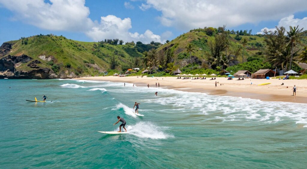 A breathtaking view of Kuta Beach in Lombok, showcasing its vibrant surf spots, framed by lush green hills. In the foreground, surfers in modest casual attire skillfully riding the waves, their boards splashing through the turquoise waters. The middle ground features golden sandy beaches dotted with beach umbrellas and surfboards, along with small groups of people enjoying water sports such as paddleboarding and snorkeling. The background illustrates dramatic cliffs and the bright blue sky with fluffy white clouds, suggesting a warm day. The scene is illuminated by soft, natural sunlight, creating a serene yet lively atmosphere. Captured with a wide-angle lens to emphasize the beauty and expansive scenery, the image evokes a sense of adventure and tranquility, perfect for illustrating the essence of water sports and activities in Kuta, Lombok.
