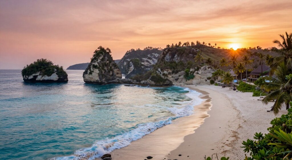 A breathtaking view of Kuta Lombok's top attractions, featuring the stunning coastline with turquoise waters and soft, white sandy beaches in the foreground. In the middle ground, display iconic landmarks like Tanjung Aan Beach with its unique rock formations and lush greenery, surrounded by gentle waves lapping at the shore. In the background, portray rolling hills dotted with palm trees, under a vibrant sunset sky filled with warm oranges and pinks. Use soft, warm lighting to create a serene and inviting atmosphere, capturing the essence of paradise. The scene should be composed with a wide-angle view to emphasize the spaciousness of the landscape, ensuring a photograph-like quality suitable for a travel feature.