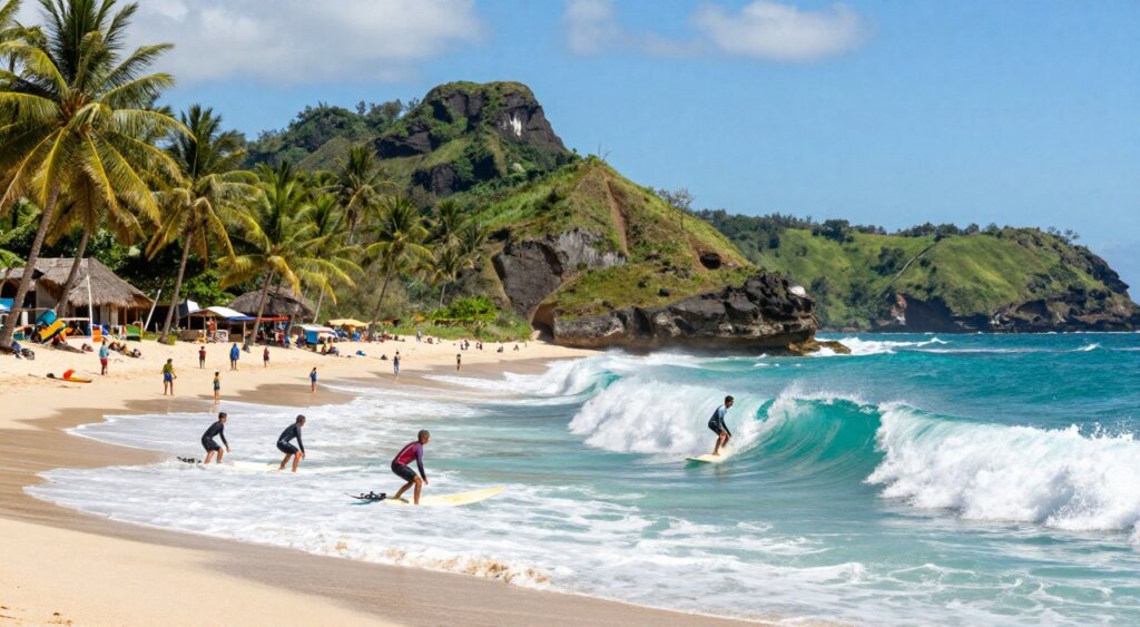 A breathtaking view of Lombok's best surf spots, showcasing stunning turquoise waves crashing onto golden sandy beaches. In the foreground, a few surfers are paddling on their boards, wearing modest wetsuits, preparing to catch the waves. The middle-ground captures the lively surf culture with beachgoers enjoying the sun and children playing in the sand, all framed by vibrant green palm trees swaying gently in the breeze. The background features dramatic cliffs and lush tropical hills under a clear blue sky dotted with wispy clouds. The lighting is bright and natural, emphasizing the vibrant colors of the sea and landscape, reminiscent of a National Geographic photojournalistic style that exudes adventure and tranquility. A breathtaking view of Lombok's best surf spots, showcasing stunning turquoise waves crashing onto golden sandy beaches. In the foreground, a few surfers are paddling on their boards, wearing modest wetsuits, preparing to catch the waves. The middle-ground captures the lively surf culture with beachgoers enjoying the sun and children playing in the sand, all framed by vibrant green palm trees swaying gently in the breeze. The background features dramatic cliffs and lush tropical hills under a clear blue sky dotted with wispy clouds. The lighting is bright and natural, emphasizing the vibrant colors of the sea and landscape, reminiscent of a National Geographic photojournalistic style that exudes adventure and tranquility.