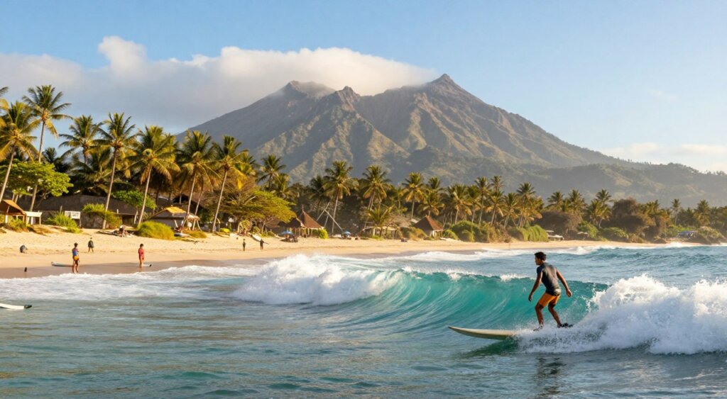 A breathtaking view of Lombok's popular surf spots, showcasing vibrant turquoise waves crashing against majestic cliffs under a bright blue sky. In the foreground, a skilled surfer in modest, professional swim attire rides a perfect wave, capturing the energy of the surf culture. The middle ground features sun-kissed sandy beaches dotted with a few surfers waiting for the next big wave and palm trees swaying gently in the warm breeze. In the background, the iconic Mount Rinjani looms gracefully, partially shrouded in wispy clouds, adding depth to the landscape. Soft sunlight casts golden hues across the scene, creating a warm, inviting atmosphere, perfect for capturing the thrill and beauty of Lombok's surfing paradise, shot with a wide-angle lens to emphasize the expansive ocean view.