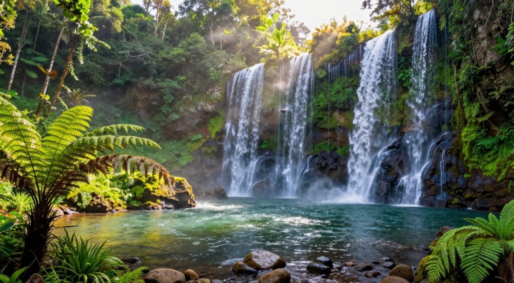 A breathtaking view of Lombok’s waterfalls cascading down lush green cliffs, surrounded by verdant tropical forests and vibrant flora. In the foreground, a crystal-clear pool reflects the shimmering water, with smooth stones and delicate ferns framing the edges. The middle ground features the dynamic flow of water rushing over moss-covered rocks, showcasing the vibrant hues of the environment. In the background, mist rises from the dense canopy as sunlight filters through the trees, creating ethereal beams and a tranquil atmosphere. The image should be captured from a slightly elevated angle, simulating the perspective of a traveler marveling at this natural wonder, evoking a sense of adventure and serenity. The overall lighting is warm, highlighting the rich greens and blues of Lombok's spectacular landscape.