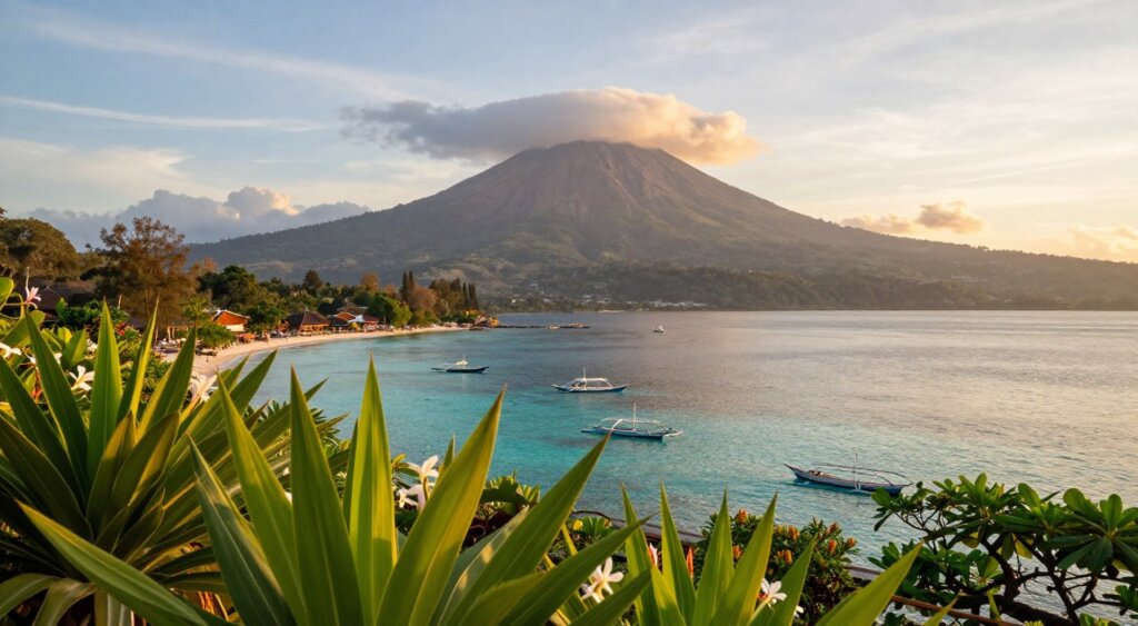 A breathtaking view of Mount Agung from a popular vantage point in Amed, Bali, capturing the majestic volcano in the background. In the foreground, include lush tropical foliage with vibrant green leaves and delicate flowers. The middle ground features traditional Balinese fishing boats gently bobbing in the clear azure waters of the ocean, reflecting the warm golden light of a late afternoon sun. The sky is painted with soft cotton-like clouds, creating a serene atmosphere. Use a wide-angle lens perspective to encompass the entire scene, highlighting the beauty of nature and local culture. The overall mood is tranquil and inviting, perfect for showcasing the natural attractions of Amed Village. No people are present in the image; focus purely on the stunning landscape. A breathtaking view of Mount Agung from a popular vantage point in Amed, Bali, capturing the majestic volcano in the background. In the foreground, include lush tropical foliage with vibrant green leaves and delicate flowers. The middle ground features traditional Balinese fishing boats gently bobbing in the clear azure waters of the ocean, reflecting the warm golden light of a late afternoon sun. The sky is painted with soft cotton-like clouds, creating a serene atmosphere. Use a wide-angle lens perspective to encompass the entire scene, highlighting the beauty of nature and local culture. The overall mood is tranquil and inviting, perfect for showcasing the natural attractions of Amed Village. No people are present in the image; focus purely on the stunning landscape.
