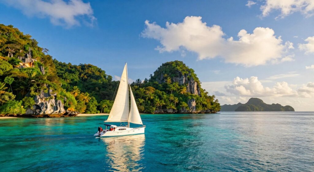 A breathtaking view of Raja Ampat during the prime sailing season, showcasing crystal-clear turquoise waters under a bright blue sky dotted with fluffy white clouds. In the foreground, a sleek sailboat with billowing white sails glides gracefully over the calm sea, reflecting the vibrant colors of the landscape. The middle ground features lush, green limestone islands with dense tropical foliage, hinting at a hidden paradise. In the background, distant islands are silhouetted against the horizon, creating a sense of depth and adventure. The lighting is warm and inviting, capturing the golden hour glow. The overall mood is tranquil and exhilarating, highlighting the beauty of sailing in this stunning, remote Indonesian archipelago.