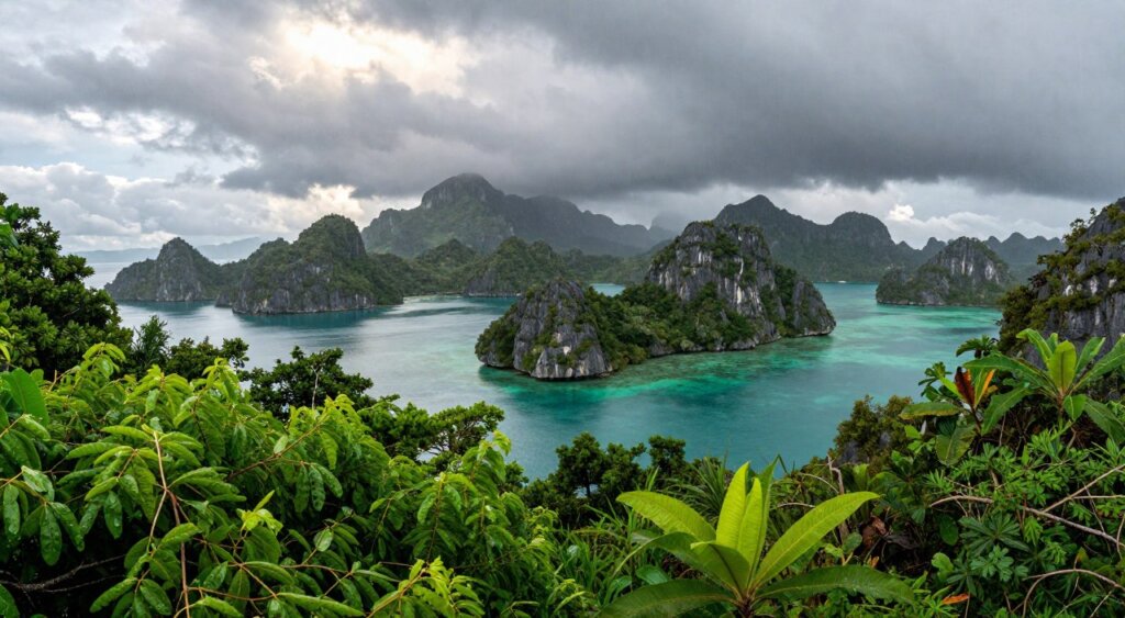A breathtaking view of Raja Ampat during the rainy season, highlighting the tropical climate's unique weather patterns. In the foreground, lush, vibrant green foliage glistens with raindrops, capturing the essence of moisture-rich vegetation. The middle ground features striking, limestone karsts rising from turquoise waters, partially shrouded in mist, illustrating the area's dramatic topography. The background showcases dark, rolling clouds, hinting at impending rainfall, while sporadic sunlight breaks through, creating a captivating interplay of light and shadow. The overall atmosphere is a blend of tranquility and intensity, embodying the lush beauty and dynamic climate of Raja Ampat. The image should be captured with a wide-angle lens to enhance depth and perspective, conveying a sense of immersion in this tropical paradise.