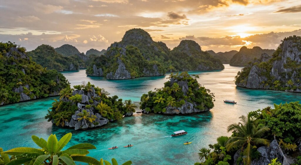 A breathtaking view of Raja Ampat islands, showcasing vibrant turquoise waters and lush green islands in the foreground, with kayakers exploring the clear waters. In the middle ground, picturesque cliffs rise dramatically, dotted with tropical vegetation, while small, traditional wooden boats navigate the channels. The background reveals a stunning sunset, casting a warm golden glow over the horizon, illuminating the uniqueness of the islands. Capture this scene with a wide-angle lens, emphasizing the depth of the landscape. The atmosphere is tranquil and inviting, reflecting an adventurous travel experience nestled in nature's beauty. Focus on enhancing the rich colors and intricate details, ensuring a high-quality, National Geographic-style image.