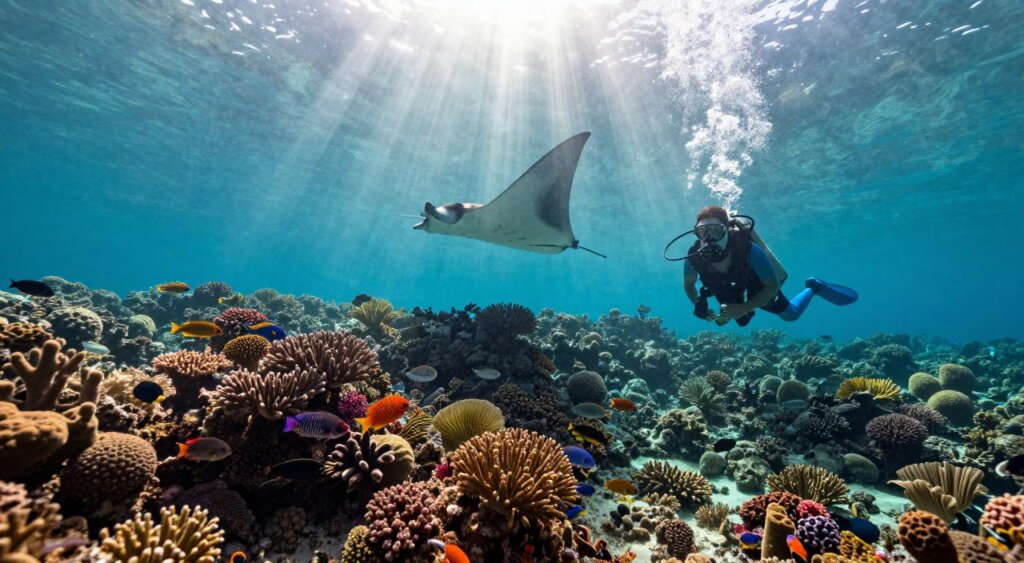 A breathtaking view of Raja Ampat's best diving spots, featuring vibrant coral reefs teeming with diverse marine life. In the foreground, a scuba diver in modest, professional diving attire is exploring an underwater landscape rich with colorful fish and corals. The middle ground showcases a variety of marine species, including a majestic manta ray gliding gracefully through the water. In the background, the sun’s rays penetrate the clear turquoise waters, illuminating the scene and creating a sense of tranquility and awe. The lighting is soft and natural, enhancing the vibrant colors of the coral and marine life. The overall atmosphere is serene and exhilarating, capturing the essence of adventure in this tropical paradise. Lightroom effects mimic National Geographic’s professional photojournalism style, ensuring the image is captivating and visually stunning. A breathtaking view of Raja Ampat's best diving spots, featuring vibrant coral reefs teeming with diverse marine life. In the foreground, a scuba diver in modest, professional diving attire is exploring an underwater landscape rich with colorful fish and corals. The middle ground showcases a variety of marine species, including a majestic manta ray gliding gracefully through the water. In the background, the sun’s rays penetrate the clear turquoise waters, illuminating the scene and creating a sense of tranquility and awe. The lighting is soft and natural, enhancing the vibrant colors of the coral and marine life. The overall atmosphere is serene and exhilarating, capturing the essence of adventure in this tropical paradise. Lightroom effects mimic National Geographic’s professional photojournalism style, ensuring the image is captivating and visually stunning.