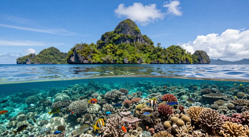 A breathtaking view of Raja Ampat's islands, showcasing vibrant coral reefs teeming with colorful marine life in crystalline turquoise waters. In the foreground, a rich tapestry of coral formations is visible under the gentle sunlight filtering through the water's surface, illuminating the intricate details of fish darting playfully among the corals. The middle ground features lush, green islands rising dramatically from the water, their steep cliffs adorned with dense tropical vegetation. In the background, a clear blue sky meets the horizon, scattered with soft, white clouds. The atmosphere is tranquil and inviting, capturing the serene beauty of this remote paradise. The image should be shot with a wide-angle lens to encompass the grandeur of the landscape, highlighting the contrast between vibrant colors and natural textures. A breathtaking view of Raja Ampat's islands, showcasing vibrant coral reefs teeming with colorful marine life in crystalline turquoise waters. In the foreground, a rich tapestry of coral formations is visible under the gentle sunlight filtering through the water's surface, illuminating the intricate details of fish darting playfully among the corals. The middle ground features lush, green islands rising dramatically from the water, their steep cliffs adorned with dense tropical vegetation. In the background, a clear blue sky meets the horizon, scattered with soft, white clouds. The atmosphere is tranquil and inviting, capturing the serene beauty of this remote paradise. The image should be shot with a wide-angle lens to encompass the grandeur of the landscape, highlighting the contrast between vibrant colors and natural textures.
