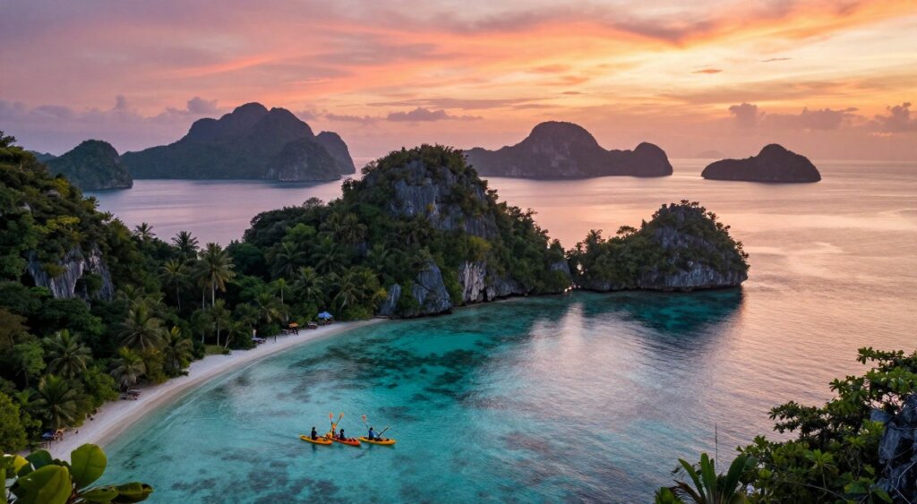 A breathtaking view of Raja Ampat's stunning islands during a vibrant sunset, showcasing the essence of island hopping adventure. In the foreground, a small group of tourists in modest casual attire happily kayaking in crystal-clear turquoise waters, their paddles shimmering in the golden light. The middle ground features lush, green limestone cliffs rising majestically from the sea, dotted with tropical vegetation. In the background, several idyllic islands of varying sizes are silhouetted against the fiery sky, reflecting soft pink and orange hues on the water's surface. The image captures a serene yet adventurous atmosphere, with soft lighting akin to the golden hour, shot from a slightly elevated angle to encompass the expansive landscape. Aim for National Geographic-quality realism.