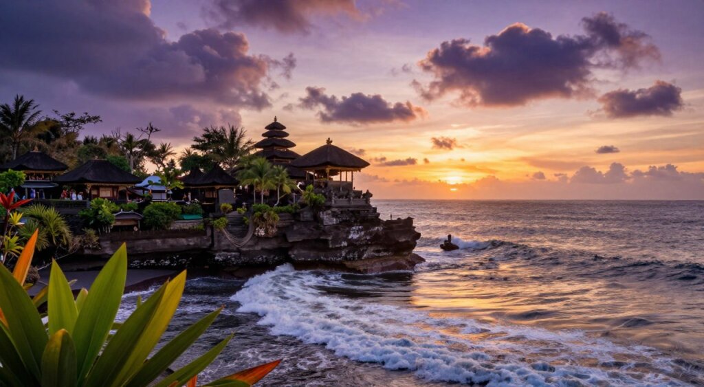 A breathtaking view of Tanah Lot Temple in Bali, perched dramatically on a rocky outcrop surrounded by crashing waves. In the foreground, vibrant tropical foliage frames the scene, with the temple's intricate architecture showcasing traditional Balinese design. In the middle, the temple stands majestically at sunset, with warm golden hues reflecting off the water, creating a mystical atmosphere. The background features the vast ocean, blending into the horizon where the sky transitions to deep purples and oranges, scattered with fluffy clouds. The photo is captured with a wide-angle lens, enhancing the grandeur of the temple and its surroundings, bathed in soft, atmospheric lighting that evokes a sense of peace and reverence. The overall mood is serene and enchanting, perfect for highlighting Bali's rich cultural heritage. A breathtaking view of Tanah Lot Temple in Bali, perched dramatically on a rocky outcrop surrounded by crashing waves. In the foreground, vibrant tropical foliage frames the scene, with the temple's intricate architecture showcasing traditional Balinese design. In the middle, the temple stands majestically at sunset, with warm golden hues reflecting off the water, creating a mystical atmosphere. The background features the vast ocean, blending into the horizon where the sky transitions to deep purples and oranges, scattered with fluffy clouds. The photo is captured with a wide-angle lens, enhancing the grandeur of the temple and its surroundings, bathed in soft, atmospheric lighting that evokes a sense of peace and reverence. The overall mood is serene and enchanting, perfect for highlighting Bali's rich cultural heritage.