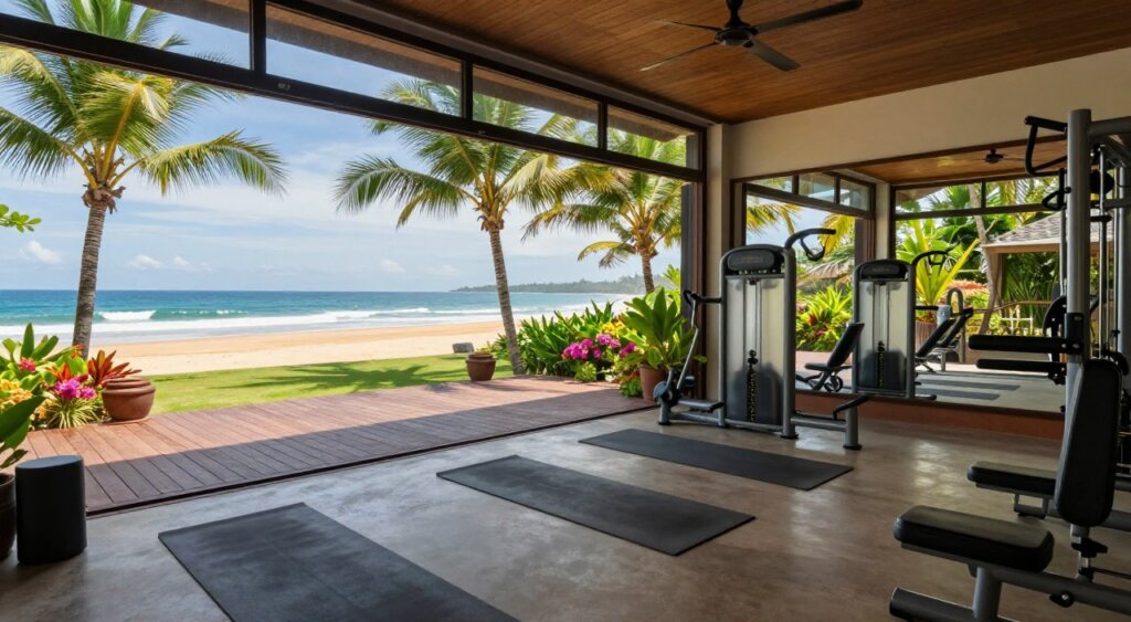 A breathtaking view of a modern workout studio in Seminyak, Bali, showcasing large glass windows that open up to a vibrant tropical landscape. In the foreground, a spacious, well-equipped gym with sleek fitness machines and yoga mats neatly arranged. The middle ground features a wooden deck with potted palm trees and colorful flowers, reflecting the lush surroundings. The background offers a stunning view of the beach with golden sands and gentle waves under a clear blue sky. Soft, natural light pours in, creating a warm and inviting atmosphere. The scene embodies tranquility and motivation, ideal for fitness enthusiasts seeking a unique workout experience. The angle captures the studio’s openness and connection with nature, emphasizing the benefits of exercising in such a picturesque setting.