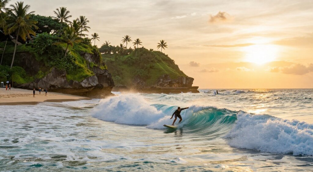 A breathtaking view of a stunning surf spot in Lombok, Indonesia, capturing the vibrant turquoise waves crashing against golden sandy shores. In the foreground, a lone surfer in a modest wetsuit skillfully rides a wave, showcasing dynamic motion and excitement. The middle ground features lush green cliffs, dotted with palm trees swaying gently in the breeze, while a few scattered surfers and beachgoers enjoy the warm sun and beautiful scenery. In the background, the sun sets over the horizon, casting a warm golden glow that reflects off the water, creating an inviting and serene atmosphere. Shot with a wide-angle lens to emphasize depth, with soft, natural lighting to enhance the tranquil mood, this image embodies the essence of Lombok’s best surfing spots.