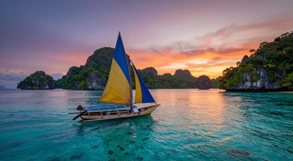 A breathtaking view of a traditional wooden sailboat gliding through the tranquil turquoise waters of Raja Ampat. In the foreground, the boat is adorned with vibrant sails gently catching the wind, while diverse marine life is visible beneath the crystal-clear surface. In the middle ground, the lush green islands rise dramatically from the sea, dotted with rocky cliffs and tropical vegetation. The background captures a stunning sunset, with hues of orange, pink, and purple painting the sky, reflecting on the water. The atmosphere is serene and peaceful, evoking a sense of adventure and exploration in this remote paradise. The image is shot with a wide-angle lens to emphasize the vastness of the seascape, with natural lighting enhancing the vibrant colors and textures of the landscape.