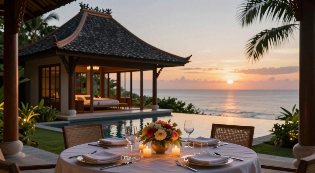 A breathtaking view of an exclusive villa in Amed, Bali, set in a romantic ambiance. In the foreground, a beautifully arranged dining table for two, adorned with elegant flower centerpieces and soft, flickering candles. In the middle, the luxurious villa with traditional Balinese architecture featuring wooden accents and large panoramic windows overlooking the tranquil sea. The background showcases a stunning sunset casting warm golden hues over the water and lush tropical gardens. Soft lighting creates an inviting atmosphere, enhancing the intimate setting. The scene is captured with a shallow depth of field, emphasizing the details of the table while softly blurring the villa and sunset beyond. Perfectly evokes a sense of romance and tranquility, ideal for couples seeking a serene getaway.
