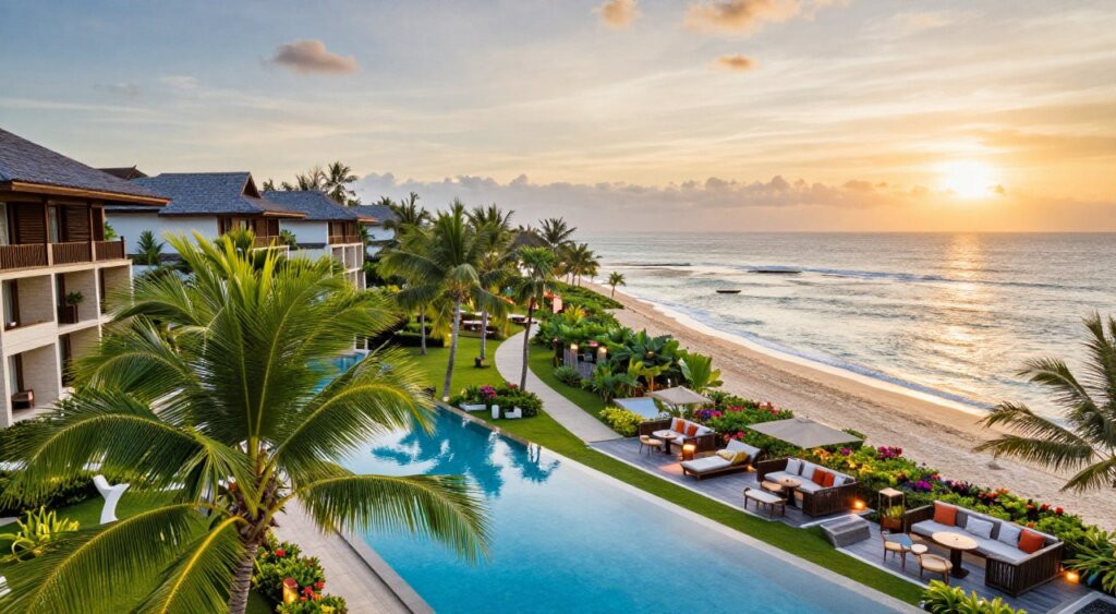 A breathtaking view of luxury Nusa Dua resorts, showcasing their stunning architecture and lush tropical surroundings. In the foreground, vibrant green palm trees sway gently beside a shimmering infinity pool, reflecting the azure sky. The middle ground features elegantly designed resort buildings with expansive terraces adorned with comfortable seating and subtle ambient lighting. Nearby, serene pathways wind through manicured gardens filled with colorful flowers. In the background, the pristine beach and tranquil ocean stretch toward the horizon, kissed by soft waves under a warm, golden sunset. The atmosphere exudes relaxation and sophistication, ideal for upscale travelers. The scene is captured from a slightly elevated angle, emphasizing the luxurious setting and inviting ambiance, rendered in high-resolution detail, reminiscent of National Geographic quality photojournalism. A breathtaking view of luxury Nusa Dua resorts, showcasing their stunning architecture and lush tropical surroundings. In the foreground, vibrant green palm trees sway gently beside a shimmering infinity pool, reflecting the azure sky. The middle ground features elegantly designed resort buildings with expansive terraces adorned with comfortable seating and subtle ambient lighting. Nearby, serene pathways wind through manicured gardens filled with colorful flowers. In the background, the pristine beach and tranquil ocean stretch toward the horizon, kissed by soft waves under a warm, golden sunset. The atmosphere exudes relaxation and sophistication, ideal for upscale travelers. The scene is captured from a slightly elevated angle, emphasizing the luxurious setting and inviting ambiance, rendered in high-resolution detail, reminiscent of National Geographic quality photojournalism.