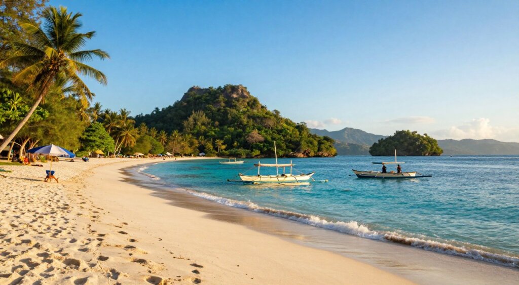 A breathtaking view of the Gili Islands, Lombok, Indonesia during the best time to visit, showcasing clear blue skies and vibrant lush greenery. In the foreground, a tranquil beach with soft white sand and gentle waves lapping the shore, where a small beach umbrella provides shade. The middle ground features local fishermen in traditional wooden boats, their silhouettes beautifully illuminated by the warm golden hour light. In the background, the islands rise gently from the turquoise sea, framed by distant mountains. Capture a sun-drenched atmosphere, with soft shadows enhancing the serene environment. Use a wide-angle lens perspective to encompass the lush surroundings and create a sense of depth and tranquility, reflecting the ideal climate that makes this destination enchanting. A breathtaking view of the Gili Islands, Lombok, Indonesia during the best time to visit, showcasing clear blue skies and vibrant lush greenery. In the foreground, a tranquil beach with soft white sand and gentle waves lapping the shore, where a small beach umbrella provides shade. The middle ground features local fishermen in traditional wooden boats, their silhouettes beautifully illuminated by the warm golden hour light. In the background, the islands rise gently from the turquoise sea, framed by distant mountains. Capture a sun-drenched atmosphere, with soft shadows enhancing the serene environment. Use a wide-angle lens perspective to encompass the lush surroundings and create a sense of depth and tranquility, reflecting the ideal climate that makes this destination enchanting.