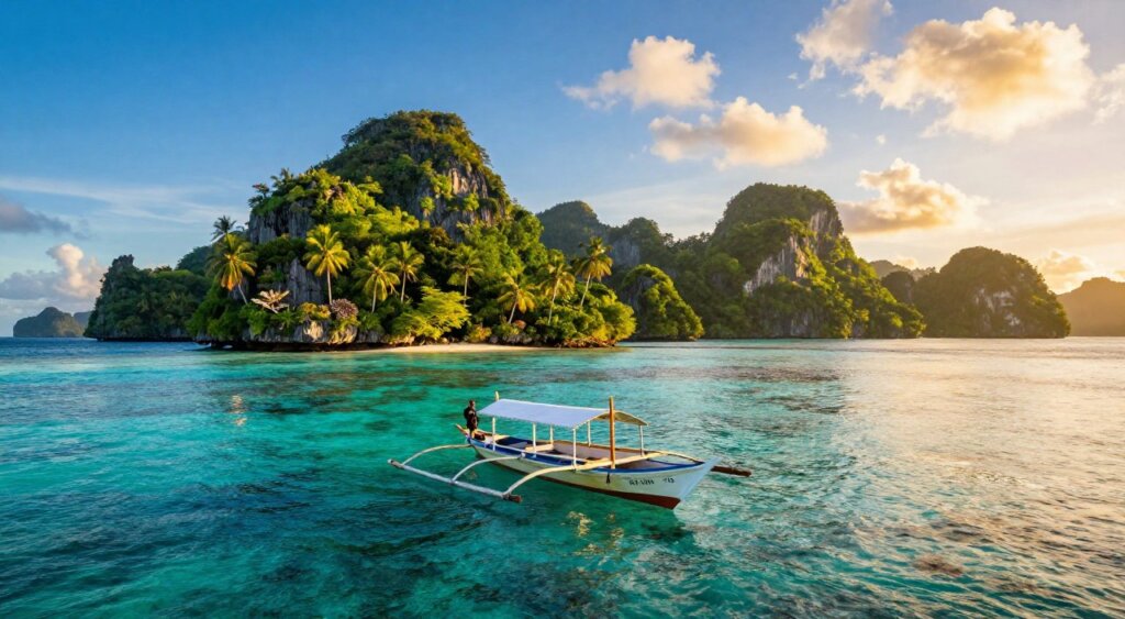 A breathtaking vista of Raja Ampat at the best time to visit, showcasing the stunning turquoise waters and vibrant coral reefs. In the foreground, a small, elegantly designed traditional wooden boat gently floats on the calm water, reflecting the warm golden rays of a sunrise illuminating the scene. In the middle ground, lush green islands rise dramatically from the ocean, dotted with palm trees and tropical vegetation under a bright blue sky with scattered clouds. The background features distant limestone cliffs casting soft shadows as early morning light bathes the landscape. The atmosphere is serene and inviting, evoking a sense of peace and adventure. The image captures the beauty and tranquility of this unique destination during its peak tourist season, highlighting the allure of Raja Ampat.