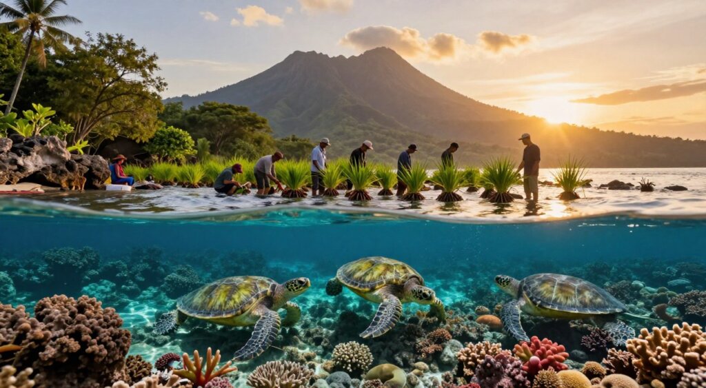 A breathtaking wildlife scene in Lombok Ekas, showcasing an array of native species such as vibrant green sea turtles gracefully gliding through crystal-clear waters and colorful coral reefs teeming with life. In the foreground, a rugged coastline with rocky outcrops is dotted with lush greenery, while the middle ground features a group of dedicated conservationists in modest casual clothing planting mangroves to restore the habitat. In the background, the majestic silhouette of Mount Rinjani looms under a golden sunset, casting a warm glow across the landscape. The image is captured with a wide-angle lens to emphasize depth, creating a serene atmosphere that embodies hope and dedication to wildlife conservation efforts. The lighting is soft and natural, enhancing the vibrant colors of the wildlife and the surrounding environment. A breathtaking wildlife scene in Lombok Ekas, showcasing an array of native species such as vibrant green sea turtles gracefully gliding through crystal-clear waters and colorful coral reefs teeming with life. In the foreground, a rugged coastline with rocky outcrops is dotted with lush greenery, while the middle ground features a group of dedicated conservationists in modest casual clothing planting mangroves to restore the habitat. In the background, the majestic silhouette of Mount Rinjani looms under a golden sunset, casting a warm glow across the landscape. The image is captured with a wide-angle lens to emphasize depth, creating a serene atmosphere that embodies hope and dedication to wildlife conservation efforts. The lighting is soft and natural, enhancing the vibrant colors of the wildlife and the surrounding environment.