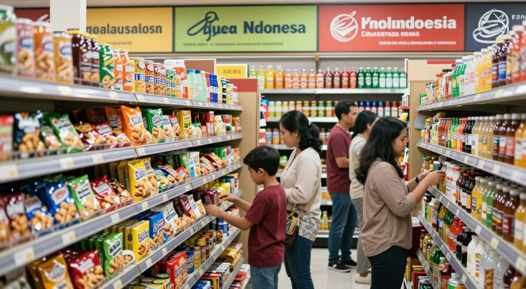 A bustling Indonesian grocery store scene showcasing a variety of popular imported goods brands. In the foreground, neatly arranged shelves filled with diverse products like colorful packaged snacks, canned goods, and beverages from well-known international brands. In the middle, shoppers, including families and individuals dressed in modest casual clothing, are examining products and interacting with one another, creating a lively atmosphere. The background features vibrant signage in both Bahasa Indonesia and English, highlighting different sections of the store. Soft, natural lighting illuminates the interior, with a focal length that emphasizes the textures of the packaging and the assortment of products. The overall mood is welcoming and energetic, reflecting the cultural melting pot that is Indonesia’s grocery shopping experience. A bustling Indonesian grocery store scene showcasing a variety of popular imported goods brands. In the foreground, neatly arranged shelves filled with diverse products like colorful packaged snacks, canned goods, and beverages from well-known international brands. In the middle, shoppers, including families and individuals dressed in modest casual clothing, are examining products and interacting with one another, creating a lively atmosphere. The background features vibrant signage in both Bahasa Indonesia and English, highlighting different sections of the store. Soft, natural lighting illuminates the interior, with a focal length that emphasizes the textures of the packaging and the assortment of products. The overall mood is welcoming and energetic, reflecting the cultural melting pot that is Indonesia’s grocery shopping experience.