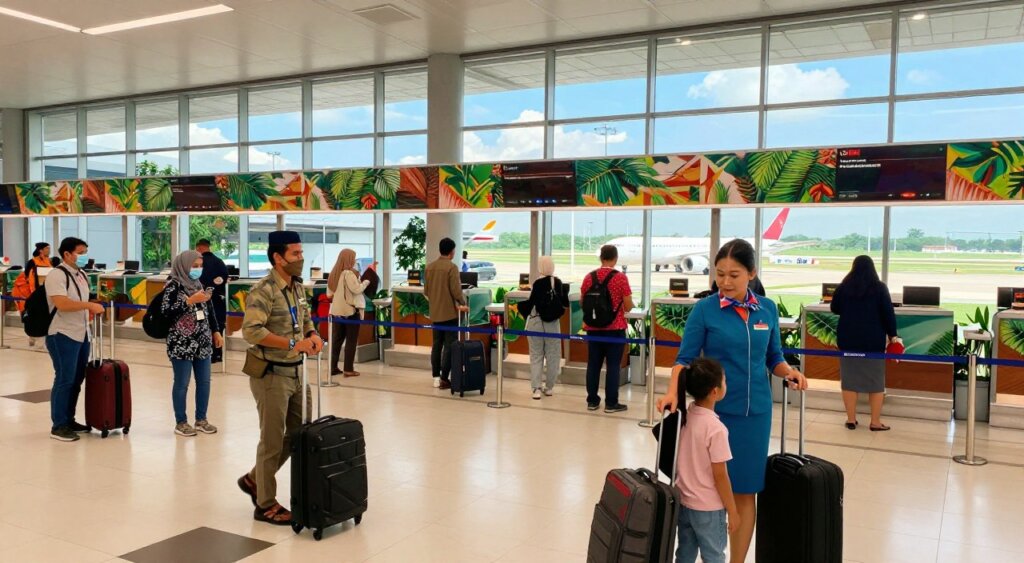 A bustling airport terminal in Indonesia, showcasing a vibrant mix of travelers in professional business attire and modest casual clothing. In the foreground, a friendly airline staff member assists a family with their baggage, highlighting a sense of hospitality. The middle ground features a diverse group of passengers navigating through check-in counters adorned with tropical decorations, reflecting the unique culture of Indonesia. In the background, large windows reveal a view of aircraft parked on the tarmac under a bright blue sky, with lush greenery visible nearby. Soft, natural lighting filters through the terminal, creating a warm and inviting atmosphere. The angle captures both the action within the terminal and the sense of anticipation for journeys ahead, embodying the theme of layover locations in transit.