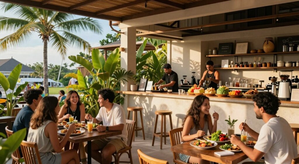 A bustling casual eatery scene in Seminyak, Bali, showcasing a vibrant outdoor café with lush tropical plants and stylish wooden furniture. In the foreground, a small group of friends enjoy their meals, dressed in modest casual clothing, laughing and chatting under the warm, soft glow of late afternoon sunlight. The middle ground features a barista skillfully preparing coffee at an open counter, with a selection of colorful, appetizing dishes displayed prominently. In the background, palm trees sway gently against a bright blue sky, accentuating the relaxed, inviting atmosphere. The image should capture the liveliness and charm of Seminyak's café culture, with a focus on warm, natural lighting and a slightly elevated angle to encompass the café's ambiance.