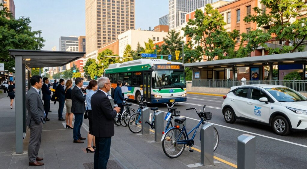 A bustling city street scene depicting various reliable transportation options for long-term residents. In the foreground, a diverse group of people in professional business attire waits patiently at a public bus stop, highlighting inclusivity. The middle ground features a modern bus arriving, flanked by bicycles locked to a bike rack and a ride-sharing vehicle picking up passengers. In the background, a well-maintained subway entrance and vibrant cityscape showcase high-rise buildings and green spaces, all under a clear blue sky. Natural lighting illuminates the scene, creating a warm, inviting atmosphere. The composition should have a wide-angle lens effect, emphasizing the dynamic urban environment while conveying a sense of community and accessibility.