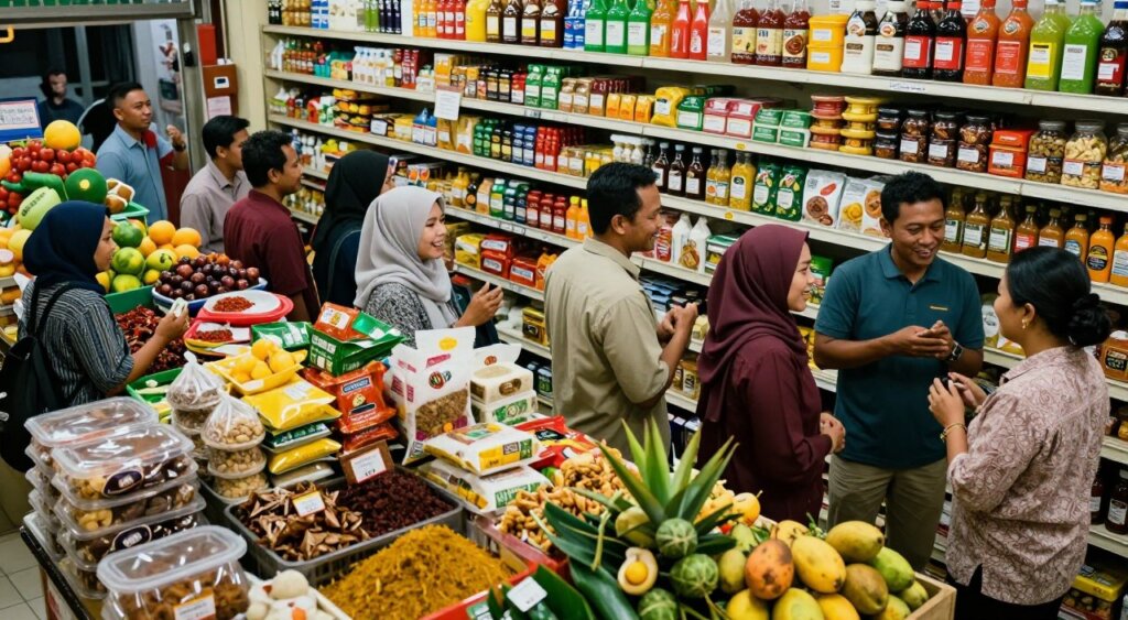 A bustling ethnic grocery store, serving as a vibrant community hub for the Indonesian diaspora. In the foreground, a diverse group of shoppers, including men and women in modest casual clothing, interact and share laughter while examining fresh produce and specialty ingredients. In the middle ground, colorful displays of traditional Indonesian items—spices, rice packages, and a selection of tropical fruits—create a lively and inviting atmosphere. The background reveals shelves stocked with imported Indonesian goods, further enhancing the store's authenticity. Soft, warm lighting illuminates the scene, evoking a sense of belonging and comfort. The image should be captured from a slightly elevated angle, providing an immersive view that showcases the store's various sections and community engagement, akin to photojournalism quality found in National Geographic. A bustling ethnic grocery store, serving as a vibrant community hub for the Indonesian diaspora. In the foreground, a diverse group of shoppers, including men and women in modest casual clothing, interact and share laughter while examining fresh produce and specialty ingredients. In the middle ground, colorful displays of traditional Indonesian items—spices, rice packages, and a selection of tropical fruits—create a lively and inviting atmosphere. The background reveals shelves stocked with imported Indonesian goods, further enhancing the store's authenticity. Soft, warm lighting illuminates the scene, evoking a sense of belonging and comfort. The image should be captured from a slightly elevated angle, providing an immersive view that showcases the store's various sections and community engagement, akin to photojournalism quality found in National Geographic.