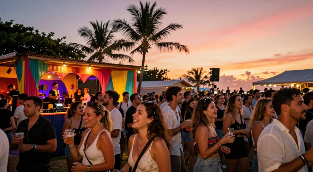 A bustling evening scene at a Seminyak club festival, filled with a vibrant crowd of diverse individuals dressed in stylish, modest casual clothing. In the foreground, people are laughing and dancing, holding drinks while enjoying the tropical atmosphere. The middle ground features colorful festival decorations, illuminated by warm, ambient lighting, creating a festive vibe. A live DJ booth with visible equipment adds to the energy of the event. In the background, palm trees silhouette against a striking sunset sky filled with hues of pink and orange, setting a relaxed yet lively mood. The angle captures the depth of the crowd and the dynamic feel of the concert, with a slight bokeh effect showcasing the excitement of the festival.