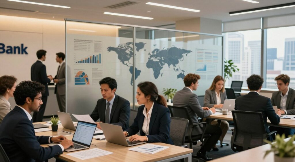 A bustling international banking office with professionals engaged in discussions and consultations. In the foreground, a diverse group of businesspeople in professional attire, including a South Asian man, a Hispanic woman, and a Caucasian man, are examining financial documents and laptops. The middle section features sleek glass partitions depicting various financial charts and maps of the world, symbolizing global connectivity. In the background, modern bank signage and a large window with a view of a city skyline hint at the urban setting. Warm, ambient lighting creates an inviting atmosphere, while a wide-angle lens captures the dynamic interactions among the individuals, emphasizing collaboration in global financial solutions for foreigners. A clean and professional setting reflects a sense of trust and innovation in financial services.