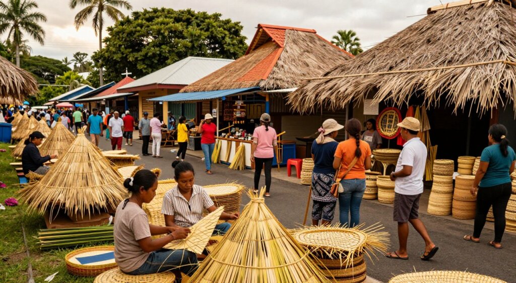 A bustling marketplace in Australia showcasing the economic impact of Bali thatching, with artisans skillfully weaving traditional thatched roofs from palm fronds in the foreground. The scene is vibrant, filled with tourists admiring the craftsmanship while local businesses display their products made from Bali thatching materials. In the middle ground, shops lined with colorful thatched-roof structures emphasize the integration of Bali's architectural style into Australian culture. The background features lush greenery and palm trees, hinting at a tropical atmosphere. The lighting is warm and inviting, evoking a sense of community and prosperity. Shot with a 35mm lens to capture rich details and depth, this photojournalism-style image reflects both tradition and economic growth in a harmonious setting.