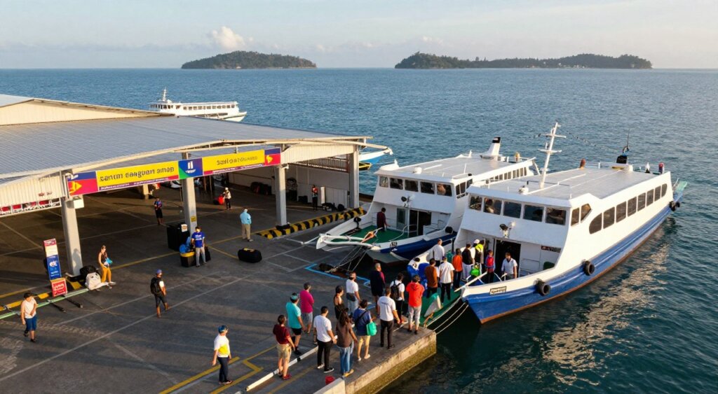 A bustling scene at Sanur Port, showcasing sleek boats and ferries ready to connect travelers to the nearby islands of Bali. In the foreground, a group of diverse tourists, dressed in comfortable casual clothing, eagerly board a ferry, embodying the excitement of island-hopping. The middle ground features the modern, open-air port structure with vibrant colorful signage directing travelers, and staff assisting with luggage. The background shows the serene blue waters of the ocean, with distant islands shimmering under the warm sunlight. Capture this scene with a vibrant atmosphere, highlighting the sense of adventure and connection. Use a slightly elevated angle as if from a drone, with soft, natural lighting reflecting the early morning sun, enhancing the inviting ambiance of this popular travel hub.