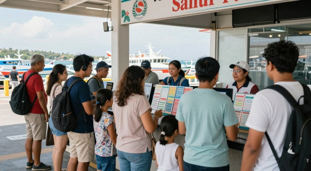 A bustling scene at the Sanur Port ticket counter, capturing travelers queuing to purchase tickets for ferry rides. In the foreground, showcase a diverse group of individuals, including families and solo travelers, dressed in modest casual attire as they engage with friendly staff members behind a counter filled with colorful ticket options. The middle ground features the ticket counter itself, with a detailed design and signage indicative of Sanur Port. In the background, capture glimpses of the vibrant port area, with boats and the beautiful Bali coastline under bright, sunny skies. Utilize soft natural lighting to create a welcoming atmosphere, aiming for a crisp, photojournalistic style with a slight depth of field to emphasize the ticket counter. The overall mood should feel lively and inviting, embodying the excitement of travel.
