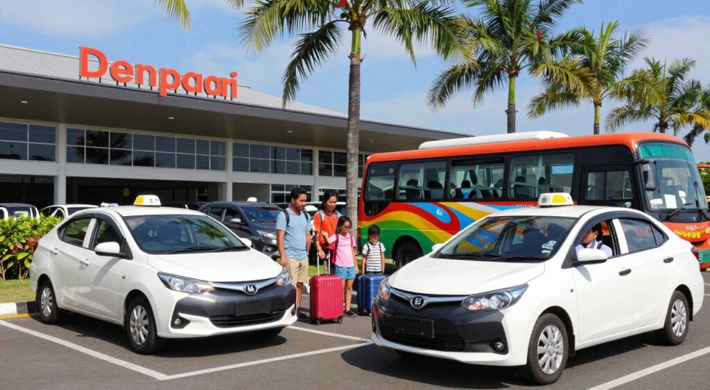 A bustling scene depicting public transport options from Denpasar Airport to Seminyak. In the foreground, a clean, modern taxi waiting for passengers, its driver dressed in a neat, professional outfit. Beside it, a shuttle bus with vibrant Bali-themed graphics, ready to take travelers. In the middle ground, a family with luggage exploring their transport options, dressed in casual travel attire, showcasing diverse ethnic backgrounds. The background features the iconic Denpasar Airport building under clear, sunny skies, with lush tropical palm trees swaying gently. The composition captures a lively, welcoming atmosphere, with natural lighting highlighting the vehicles and surroundings. Use a wide-angle lens to capture the vibrancy of the scene, ensuring a clear focus on the transport options available.