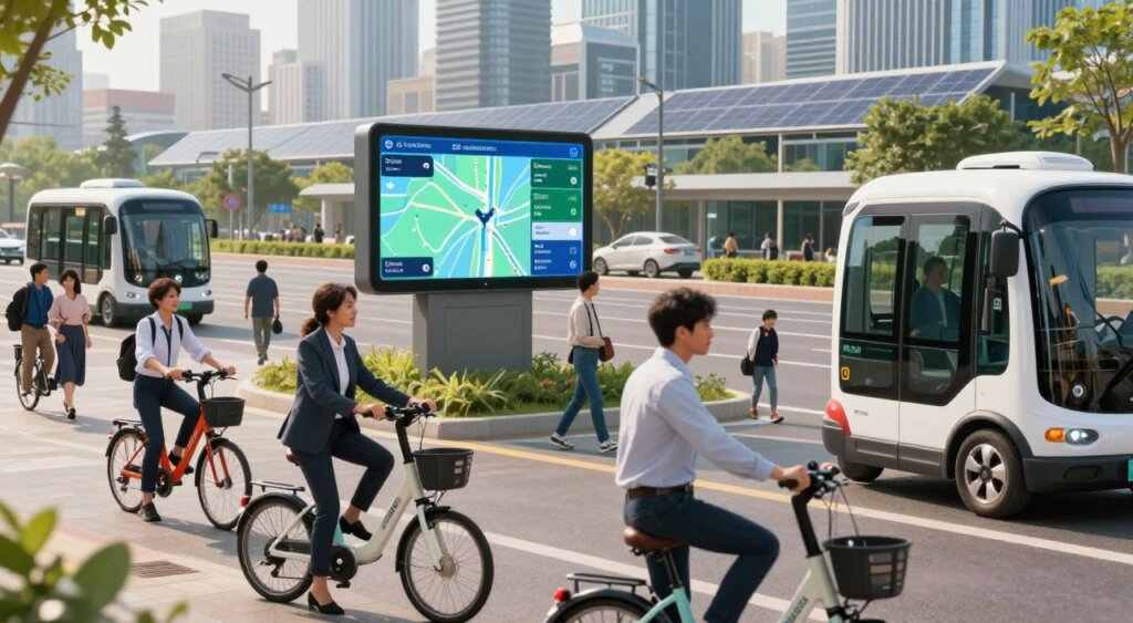 A bustling urban scene showcasing the impact of technology on transportation for long-term residents. In the foreground, diverse individuals dressed in professional business attire and modest casual clothing interact with various modes of transport, including an electric bicycle, a compact electric vehicle, and a self-driving shuttle. In the middle, a smart traffic management system visualized with digital screens displaying real-time information about transit options and traffic flow. The background features a futuristic city skyline with solar panels and green spaces, hinting at sustainability. Natural lighting bathes the scene, creating a warm, inviting atmosphere, taken from a slightly elevated angle to capture the vibrancy of this modern transportation hub, evoking a sense of innovation and community.