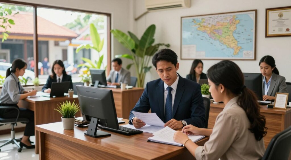 A busy legal and visa assistance office in Bali, featuring a diverse team of professional consultants. In the foreground, a confident, Asian male consultant in smart business attire interacts with a focused expatriate couple, examining documents on a sleek wooden desk. The middle ground shows a bright, welcoming office interior with tropical plants, maps of Bali, and framed diplomas on the walls, all under soft, natural light filtering through large windows. The background reveals bustling street views of Balinese architecture, blending local culture with a modern ambiance. The overall mood is one of professionalism and warmth, emphasizing support and guidance for expatriates navigating legal processes in Bali.