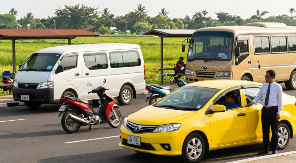 A busy scene showcasing various transportation options from Denpasar Airport to Seminyak. In the foreground, a sleek taxi with a bright yellow color is parked ready for passengers, with a local driver dressed in professional attire standing beside it. In the middle ground, there is a small shuttle van featuring its route displayed, alongside a vibrant motorbike offering rentals. A well-maintained public bus can be seen waiting at a nearby stop. In the background, the lush green landscape of Bali can be glimpsed, under a soft, warm sunlight creating a welcoming atmosphere. The image is captured with a wide-angle lens to highlight the hustle of transportation choices, evoking an adventurous and inviting mood. No people should appear in revealing attire, maintaining a professional and family-friendly environment.