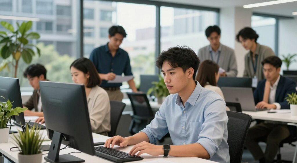 A candid image capturing an expat, a young professional of Asian descent, immersed in the Australian workplace environment. In the foreground, the expat is seated at a modern office desk, dressed in smart casual attire, attentively engaging with Australian colleagues. The middle ground features a diverse group of coworkers in business attire, collaborating over a project at a shared workspace, showcasing teamwork and cultural exchange. In the background, large windows allow natural light to flood the office, framed by greenery from outside, reflecting a typical Australian urban landscape. The atmosphere is friendly and dynamic, emphasizing a sense of openness and cooperation key to workplace integration. The photo is shot with a 50mm lens, focusing on the expat's expression, conveying curiosity and adaptability in a vibrant and inclusive setting.