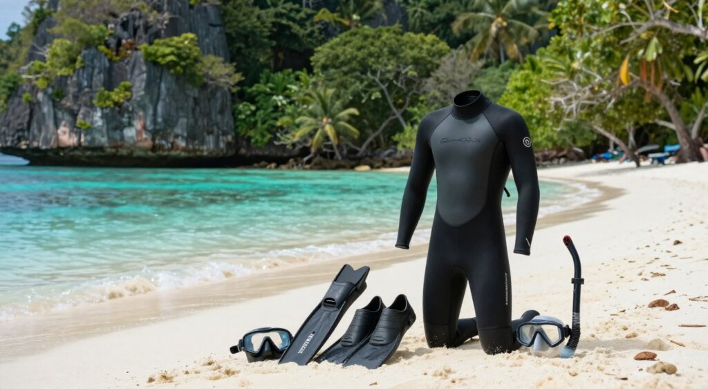 A captivating arrangement of professional freediving equipment displayed on a sandy beach in Raja Ampat. In the foreground, showcase high-quality gear including a sleek black wetsuit, a pair of finned freediving shoes, a comfortable mask, and a snorkel, all meticulously arranged. In the middle ground, emphasize the crystal-clear turquoise water gently lapping against the shoreline, with lush green tropical vegetation in the background. Soft, natural lighting filters through the trees, creating a serene and inviting atmosphere. The angle should highlight the equipment against the stunning backdrop of Raja Ampat's unique rock formations and vibrant coral reefs visible beneath the surface. Aim for a photojournalistic style that captures the essence of adventure in a visually engaging way, inviting readers to explore the underwater beauty of this paradise.