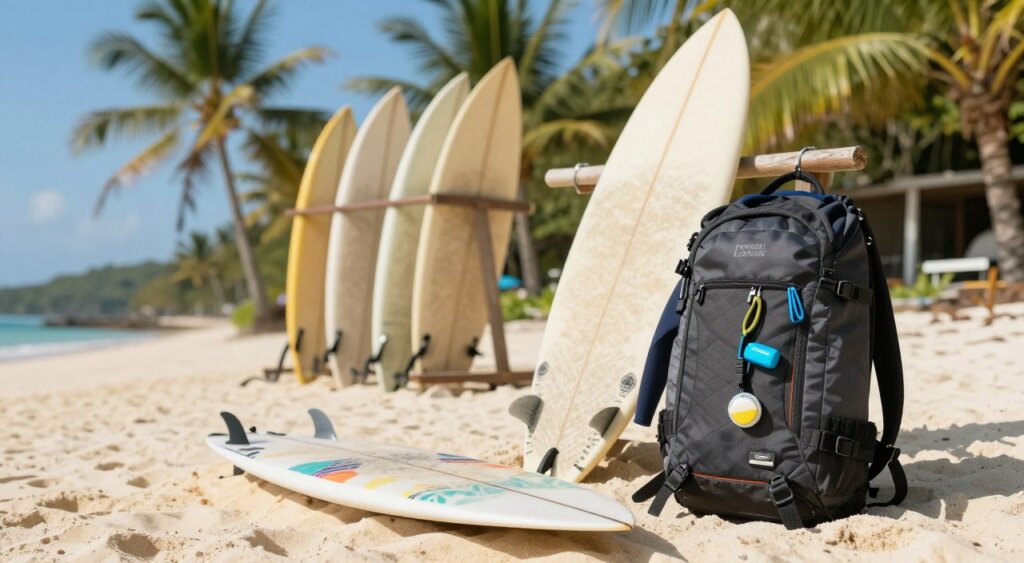 A captivating composition showcasing essential surf gear for Lombok, featuring a vibrant beach setting. In the foreground, a high-quality surfboard with colorful graphics rests on the sand, alongside a well-packed surf backpack containing a wetsuit, leash, and wax. The middle ground reveals a surfboard rack holding an assortment of boards in various sizes, emphasizing diversity for surfers. In the background, lush tropical palms sway gently against a clear blue sky, hinting at the pristine waters of Lombok. Soft, warm lighting conveys the relaxed atmosphere of a sunny day at the beach. The image should have a slight tilt-shift effect to focus on the gear while creating a dreamy vibe, resembling the quality of National Geographic photojournalism. A captivating composition showcasing essential surf gear for Lombok, featuring a vibrant beach setting. In the foreground, a high-quality surfboard with colorful graphics rests on the sand, alongside a well-packed surf backpack containing a wetsuit, leash, and wax. The middle ground reveals a surfboard rack holding an assortment of boards in various sizes, emphasizing diversity for surfers. In the background, lush tropical palms sway gently against a clear blue sky, hinting at the pristine waters of Lombok. Soft, warm lighting conveys the relaxed atmosphere of a sunny day at the beach. The image should have a slight tilt-shift effect to focus on the gear while creating a dreamy vibe, resembling the quality of National Geographic photojournalism.