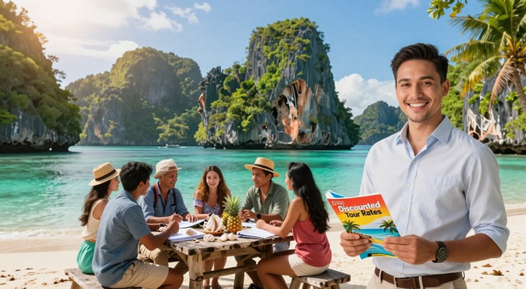 A captivating image depicting a vibrant scene of Raja Ampat, showcasing breathtaking landscapes with lush green islands and crystal-clear turquoise waters. In the foreground, a friendly travel agent in professional casual attire holds a colorful brochure with "Discounted Tour Rates" prominently displayed. In the middle ground, a small group of diverse travelers enthusiastically discusses their plans beside a rustic wooden table adorned with seashells and pineapples, suggesting an inviting tropical atmosphere. Behind them, majestic limestone cliffs rise dramatically against a bright blue sky, complemented by soft, warm lighting of a late afternoon sun to evoke an optimistic mood. The scene captures the essence of tropical adventure infused with the joy of discovering the best travel deals, all presented in a high-resolution, photojournalistic style reminiscent of National Geographic quality.