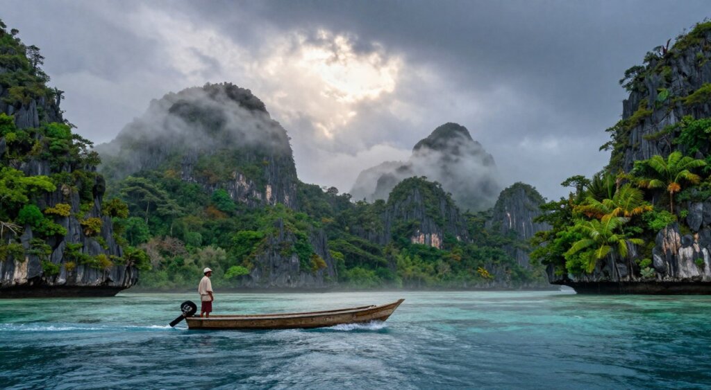 A captivating landscape of Raja Ampat during the rainy season, showcasing lush, emerald-green islands emerging from a misty, swirling sea. In the foreground, a small wooden boat navigating through gentle waves, featuring a local guide wearing modest casual fishing attire, looking out at the surroundings. The middle ground presents dramatic limestone cliffs, partially shrouded in fog, with vibrant tropical vegetation cascading down. In the background, heavy rain clouds paint the sky in deep grays and blues, contrasted by occasional sunlight breaking through, illuminating patches of the landscape. The scene conveys tranquility and wonder, captured in soft, diffused lighting to enhance the moody atmosphere. Use a wide-angle lens to embrace the vastness of the scenery, emphasizing the natural beauty of this remote paradise.