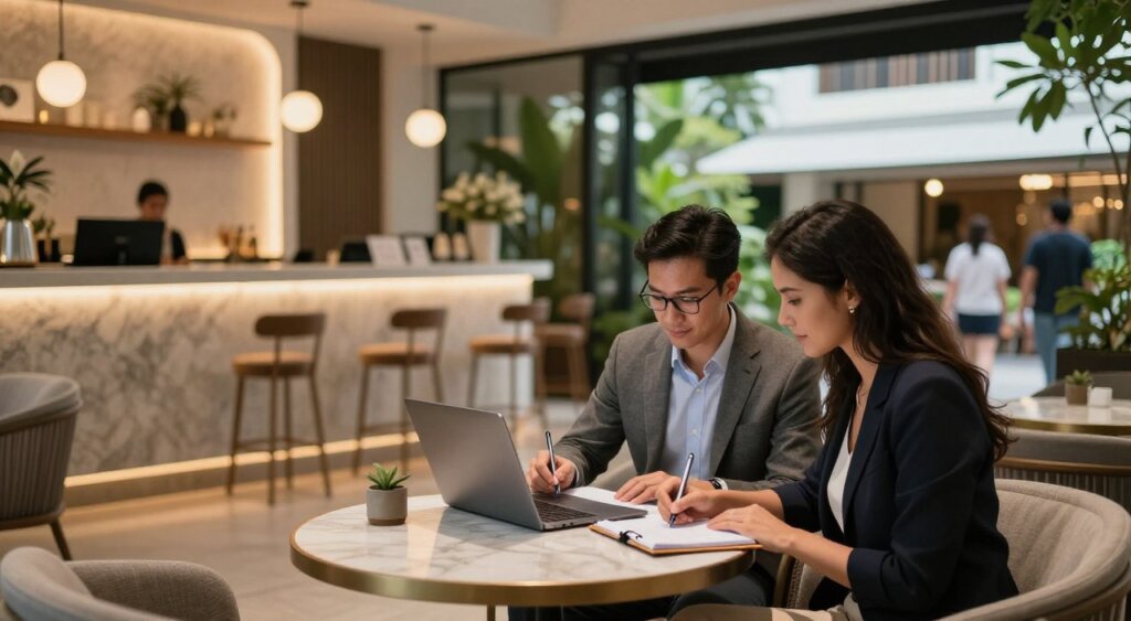 A captivating, professional photojournalism-style image depicting guest reviews of Seminyak Square Boutique Hotel. In the foreground, a well-dressed couple sits at a tastefully decorated table with their laptops and notebooks, engaged in writing reviews. The middle ground showcases a stylish reception area of the hotel, featuring contemporary decor and soft lighting, creating an inviting atmosphere. The background features a glimpse of Seminyak Square, with lush greenery and shoppers enjoying the vibrant ambiance. The lighting is warm and soft, enhancing the relaxed yet upscale mood of the scene. Use a 35mm lens with a shallow depth of field to focus on the guests while softly blurring the background. Capture the essence of comfort and satisfaction in a boutique hotel experience.