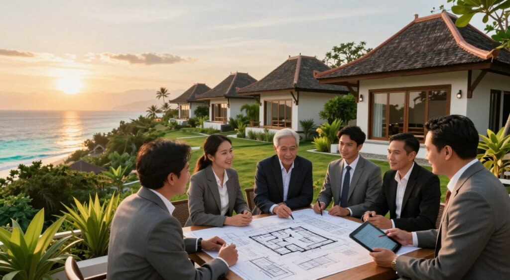 A captivating, professional photojournalistic scene showcasing the benefits of investing in Lombok real estate. In the foreground, a group of diverse individuals in business attire, discussing property plans and investment opportunities, surrounded by architectural blueprints and digital tablets. In the middle ground, lush greenery and stunning villas with traditional Balinese architecture, featuring large windows and open terraces that blend seamlessly with the landscape. The background reveals the breathtaking Lombok coastline with crystal-clear waters and a picturesque sunset casting warm golden light across the scene. The atmosphere is optimistic and inspiring, emphasizing growth and a promising lifestyle. The composition is captured with a wide-angle lens to enhance depth, creating an inviting and serene mood.