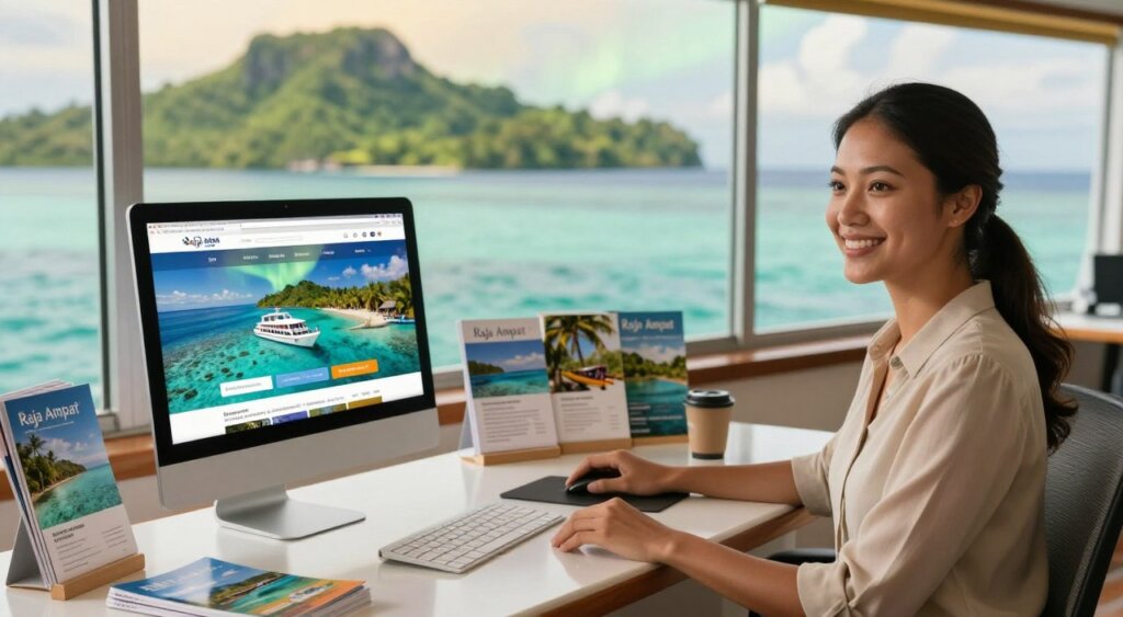 A captivating scene depicting the booking process for an Aurora liveaboard trip in Raja Ampat. In the foreground, a friendly travel agent sits at a sleek desk equipped with a modern computer showing a vibrant website with stunning images of the liveaboard. She wears a smart blouse and has a welcoming smile. In the middle ground, various brochures and travel brochures about Raja Ampat are neatly arranged. Behind her, a large window reveals a breathtaking ocean view with turquoise waters and lush green islands, bathed in soft natural light. Warm, inviting colors dominate the atmosphere, creating a sense of excitement and adventure. The image should be captured with a slight depth of field to create focus on the agent while softly blurring the background. A captivating scene depicting the booking process for an Aurora liveaboard trip in Raja Ampat. In the foreground, a friendly travel agent sits at a sleek desk equipped with a modern computer showing a vibrant website with stunning images of the liveaboard. She wears a smart blouse and has a welcoming smile. In the middle ground, various brochures and travel brochures about Raja Ampat are neatly arranged. Behind her, a large window reveals a breathtaking ocean view with turquoise waters and lush green islands, bathed in soft natural light. Warm, inviting colors dominate the atmosphere, creating a sense of excitement and adventure. The image should be captured with a slight depth of field to create focus on the agent while softly blurring the background.