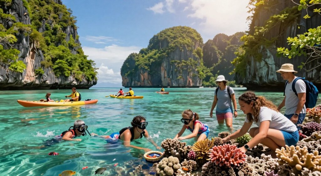 A captivating scene showcasing the exclusive activities of Raja Ampat, featuring a diverse group of travelers in modest casual clothing engaged in adventure. In the foreground, an excited family explores vibrant coral reefs while snorkeling, marine life swimming around them. The middle ground showcases kayakers paddling over clear turquoise waters, with lush green cliffs rising dramatically on either side. In the background, breathtaking limestone islands rise majestically against a bright blue sky, with a soft, warm sunlight illuminating the scene, creating a serene yet adventurous atmosphere. The composition emphasizes a sense of discovery and delight in the natural beauty, with a professional photojournalism style that highlights the rich colors and textures of this idyllic location.