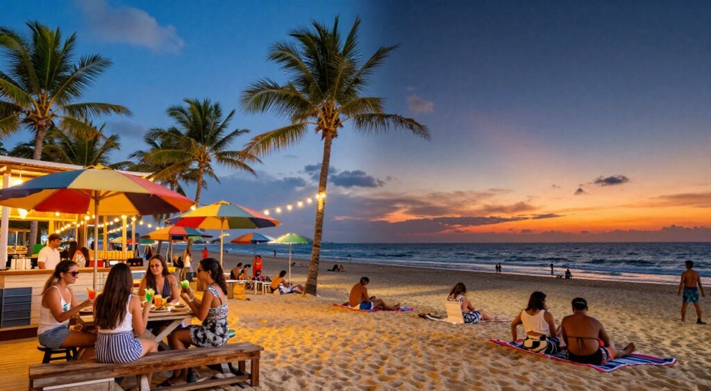 A captivating split-image illustrating Seminyak Beach Bars from day to night. In the foreground, feature stylish beach bars with wooden deck seating, low hanging string lights, and colorful umbrellas. Guests dressed in chic, casual attire enjoy refreshing drinks and appetizing bites. In the middle ground, vibrant palm trees sway gently in the breeze, while beachgoers lounge on the sand, soaking up the sun's golden rays. The background transitions from a bright blue sky with scattered clouds to a mesmerizing sunset, casting warm hues of orange and pink as the stars begin to twinkle above. Capture this scene with natural lighting, shot at a wide-angle to encompass the bustling atmosphere and stunning coastal views. The mood is lively and inviting, encapsulating the essence of an unforgettable day-to-night beach experience in Seminyak.