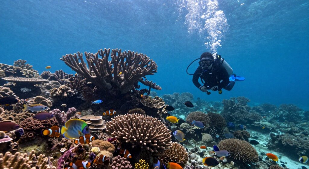 A captivating underwater scene capturing the essence of the rainy season in Raja Ampat, showcasing vibrant marine life. In the foreground, a diver equipped with professional diving gear explores a coral reef teeming with colorful fish, including clownfish and butterflyfish, while bubbles rise around them. In the middle ground, lush swaying corals are visible, with patterns of sunlight filtering through the surface, creating dappled light effects. The background reveals the deeper blue depths of the ocean, shrouded in a serene, slightly murky atmosphere from the rainfall. Aim for a natural, tranquil mood that reflects the richness of marine biodiversity during this unique season. Use a wide-angle lens to capture the expansive underwater landscape, enhancing the feeling of depth and immersion.
