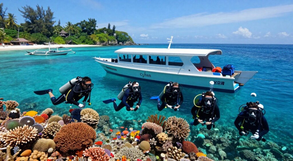 A captivating underwater scene showcasing a scenic liveaboard dive adventure in Amed, Bali. In the foreground, a diverse group of scuba divers, dressed in professional dive gear, is exploring a vibrant coral reef teeming with colorful marine life. In the middle, the sleek dive boat is anchored nearby, displaying the logo of a well-known diving company, with its deck filled with diving equipment and a bright blue sky above. The background reveals the picturesque Amed coastline, dotted with lush tropical greenery and traditional Balinese fishing boats. The image is illuminated by soft sunlight filtering through the crystal-clear water, creating an inviting and adventurous atmosphere. Shoot from a slightly elevated angle to capture both the divers' actions and the stunning underwater environment, akin to National Geographic's photojournalism style.